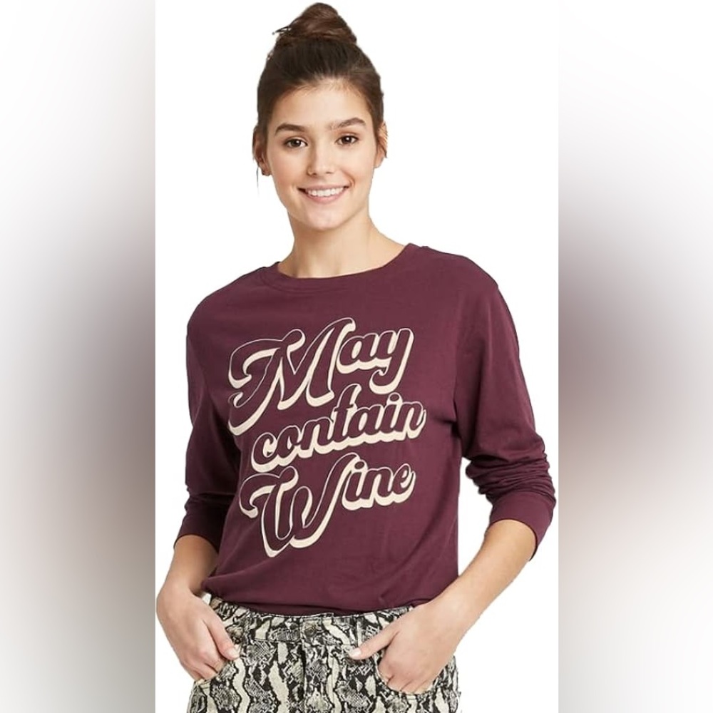 NWT Zoe + Liv Women's May Contain Wine Long Sleeve Graphic T-Shirt size XS